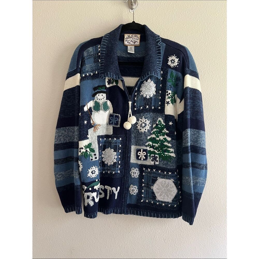 Vintage Y2K 90s Frosty Snowman Christmas Cardigan Patchwork Knit Holiday Sweater
